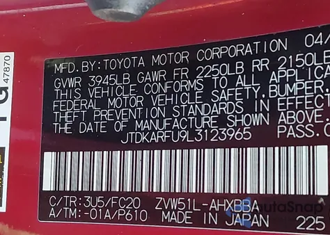 2020 Toyota Prius L Eco z USA, uszkodzony, nr VIN JTDKARFU9L3123965